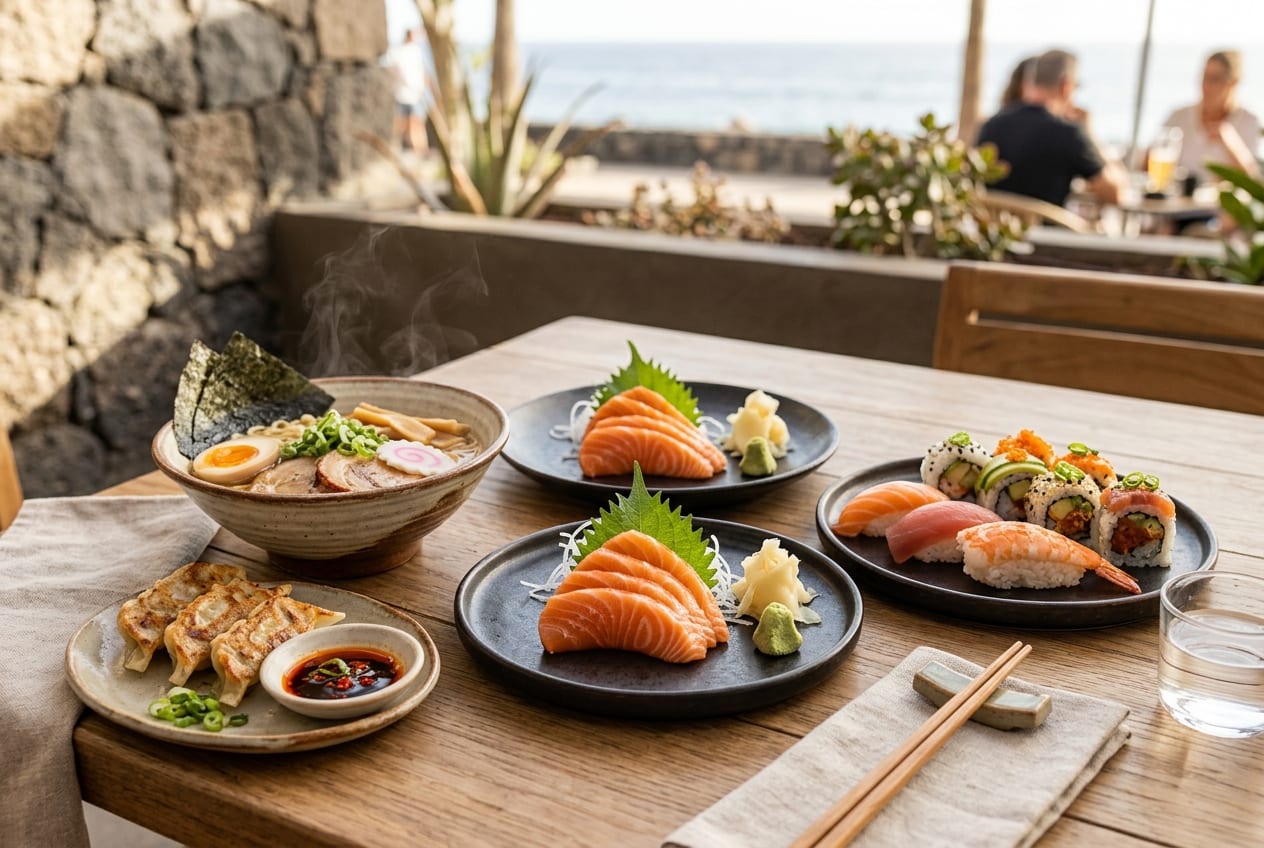Representative Japanese sushi, uramaki, salmon sashimi, nigiri and ramen spread on a restaurant table in Los Cristianos
