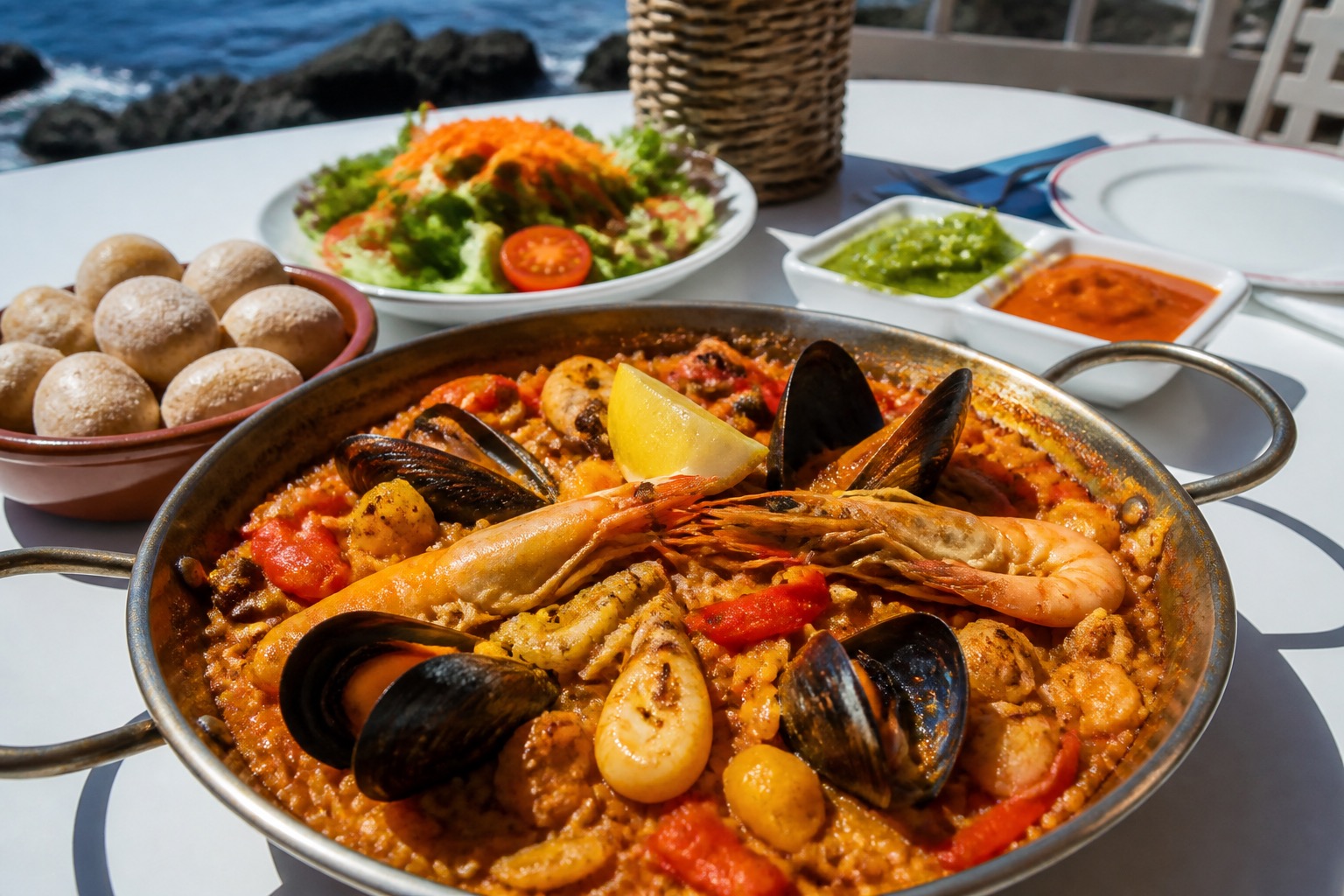 Seafood rice with mussels, prawns, squid, peppers, papas arrugadas, and mojo sauces.