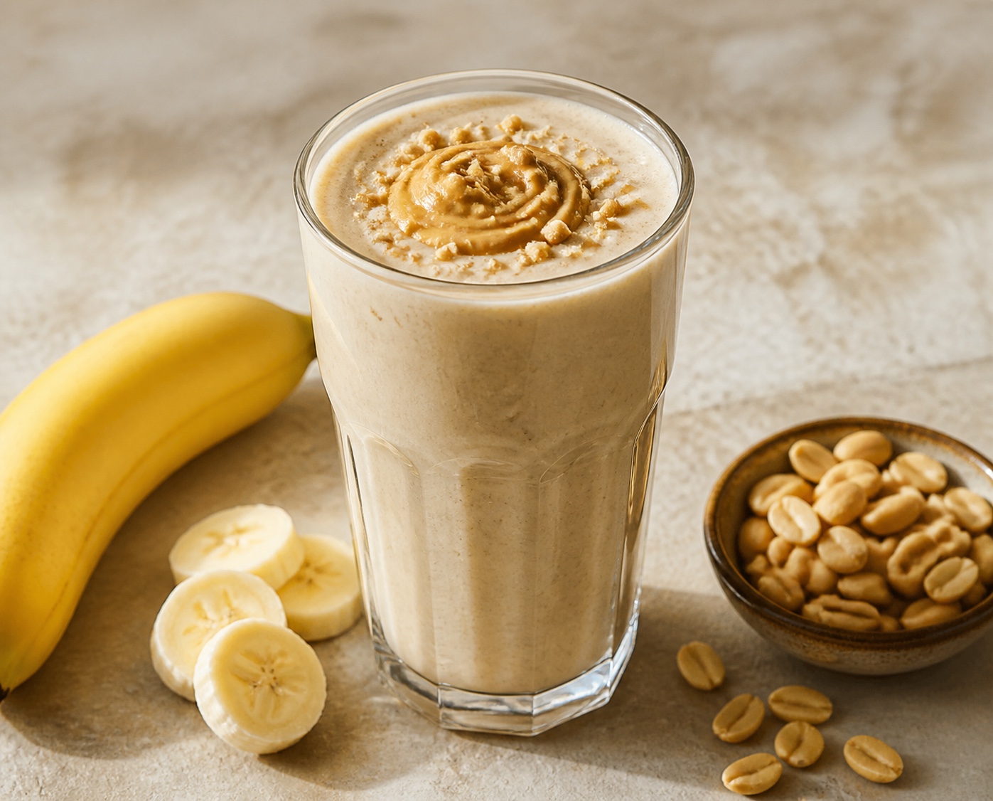 Batido representativo de plátano y crema de cacahuete