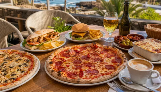 Pizza diavola, mushroom pizza, chicken bocadillo, cheeseburger, tapas, lasagna, coffee, and cider on a sunny terrace table
