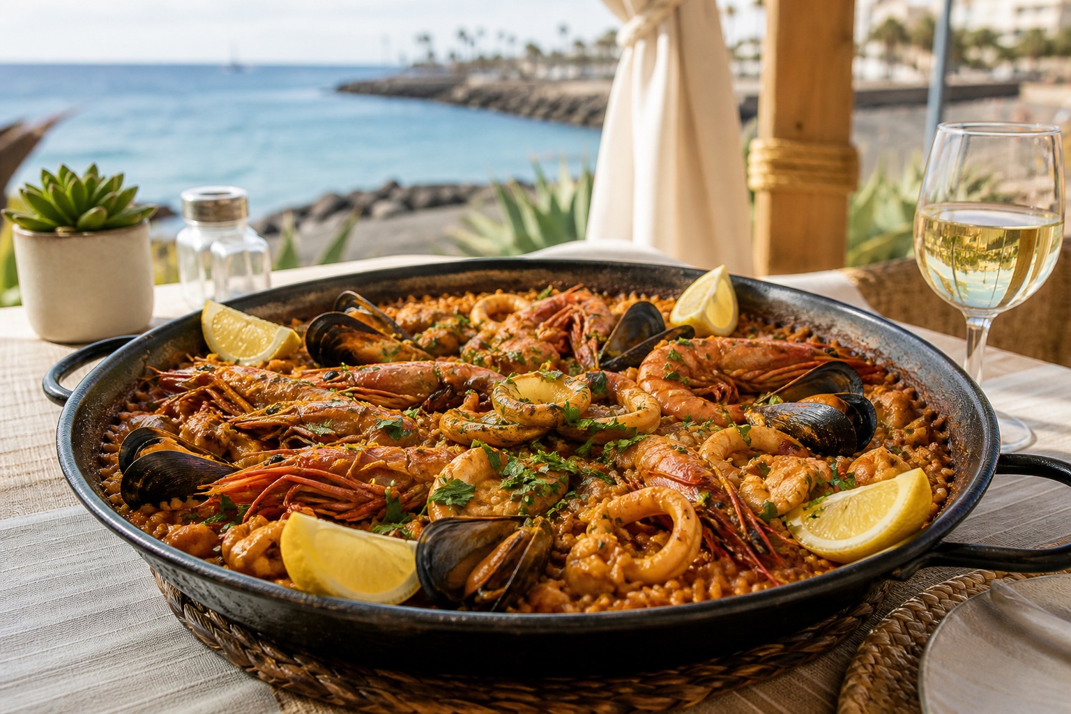 Seafood rice with prawns, mussels, squid, lemon, and white wine beside the coast.