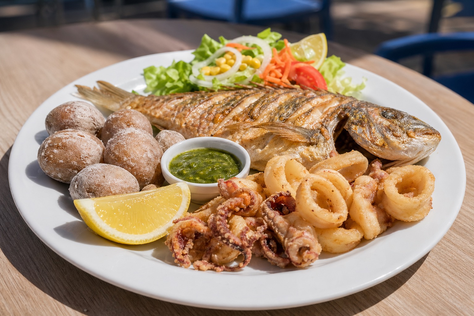 Casual Canarian seafood plate with fried fish, calamari, papas arrugadas, and mojo.