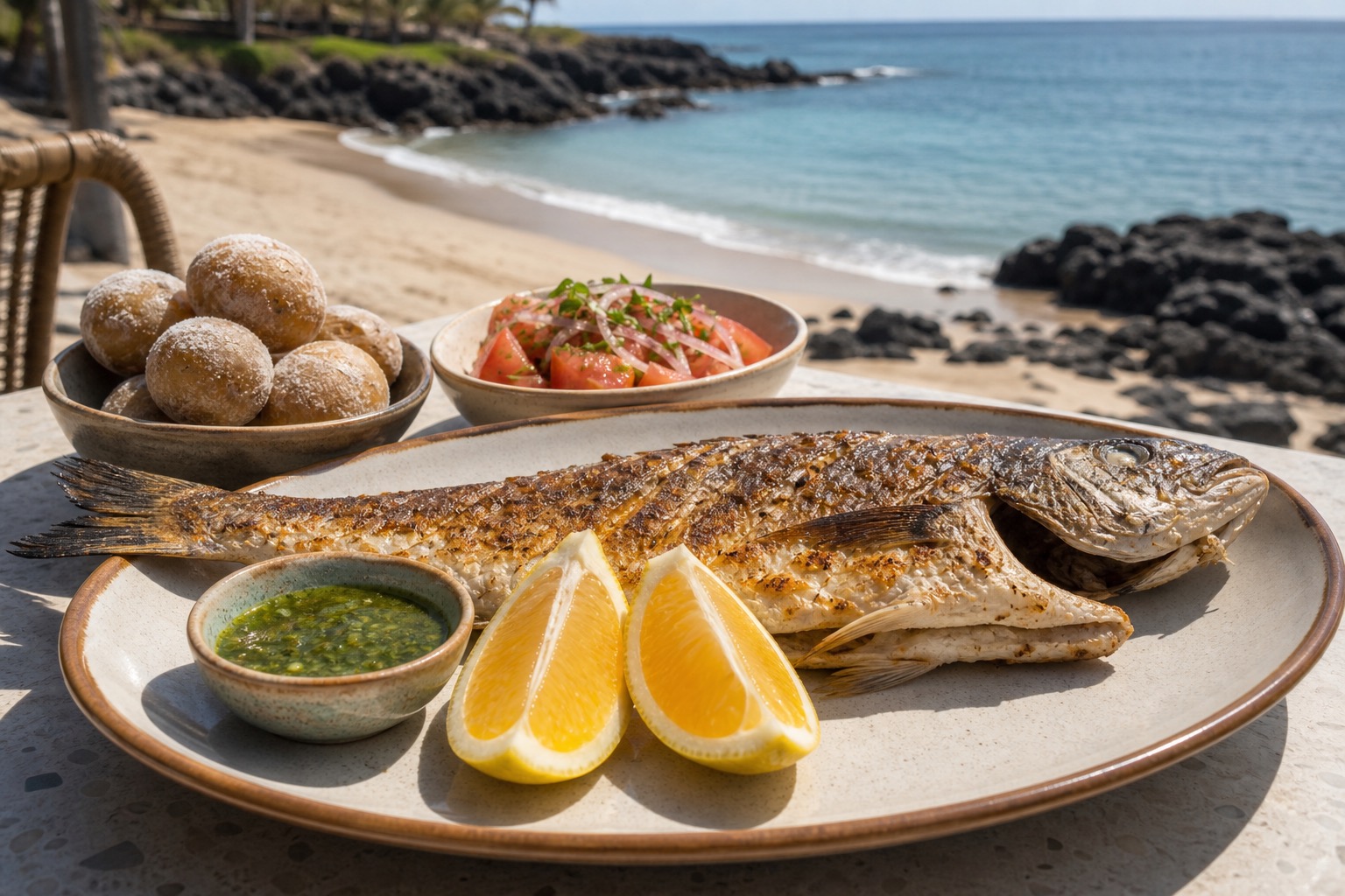 Grilled fish, prawns, papas arrugadas, mojo, and lemon served beside the Abama cove.