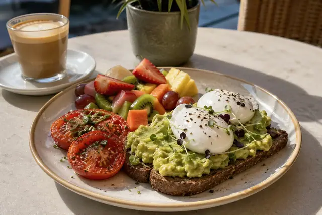 Brunch plate with avocado toast, eggs, fruit, and coffee on a sunlit cafe table.