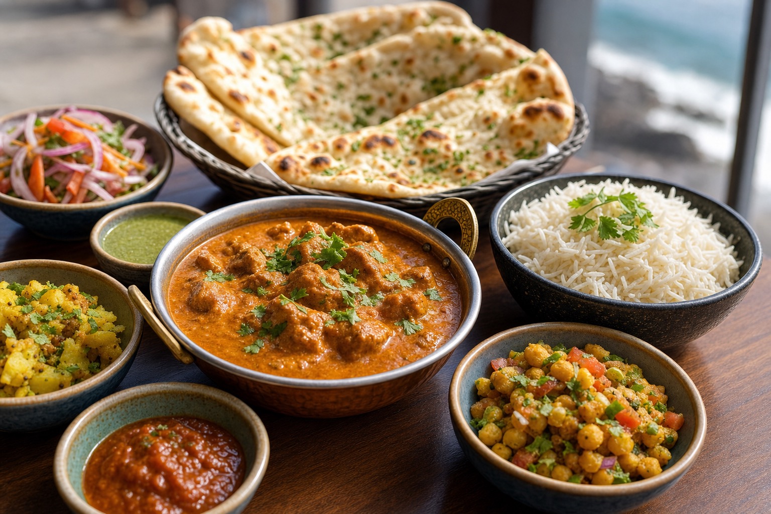 Indian-style curry and mezze-inspired plates with rice, flatbread, chutneys, herbs, and warm coastal light.