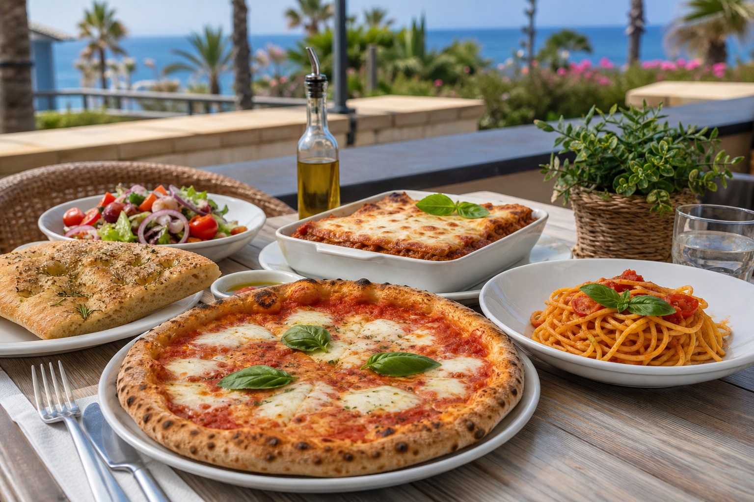 Pizza, focaccia, spaghetti, lasagne, and salad on a sunny terrace table