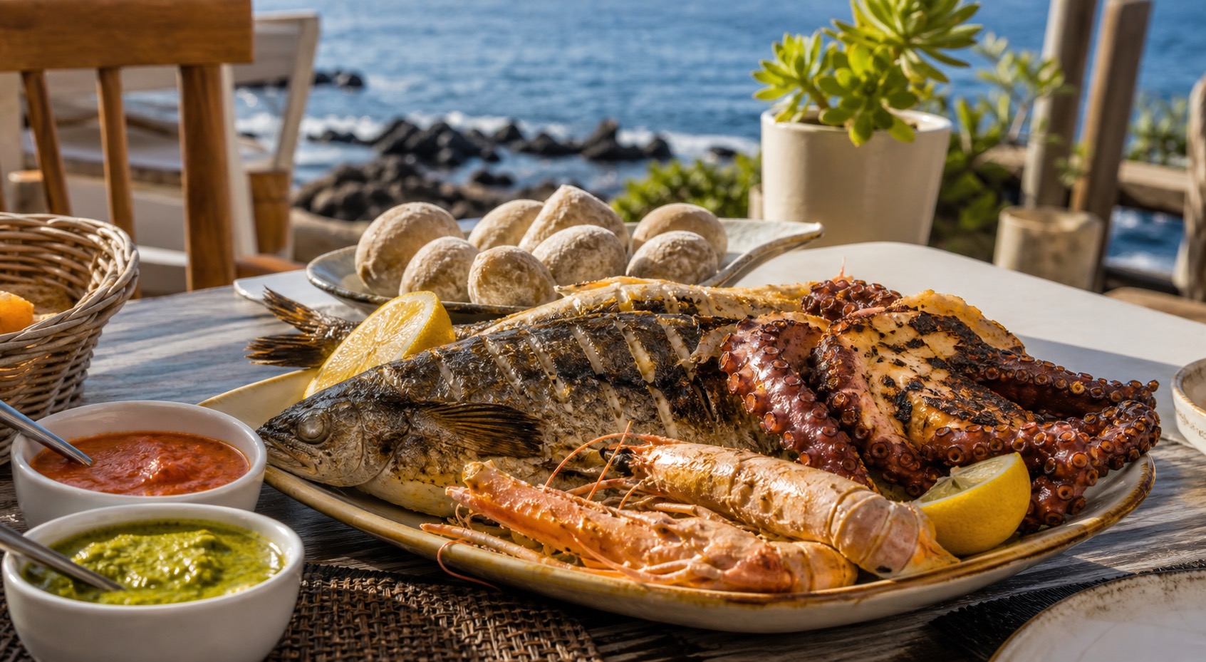 Grilled fish, octopus, prawns, papas arrugadas, mojo, and lemon beside the ocean.
