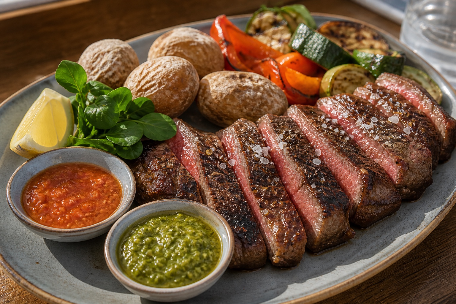 Grilled steak with papas arrugadas, vegetables, lemon, and mojo sauces.