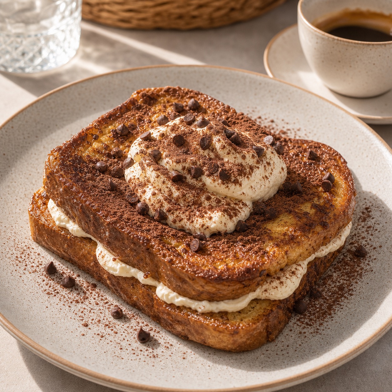 French toast with cream, chocolate, and coffee on a sunny cafe table.