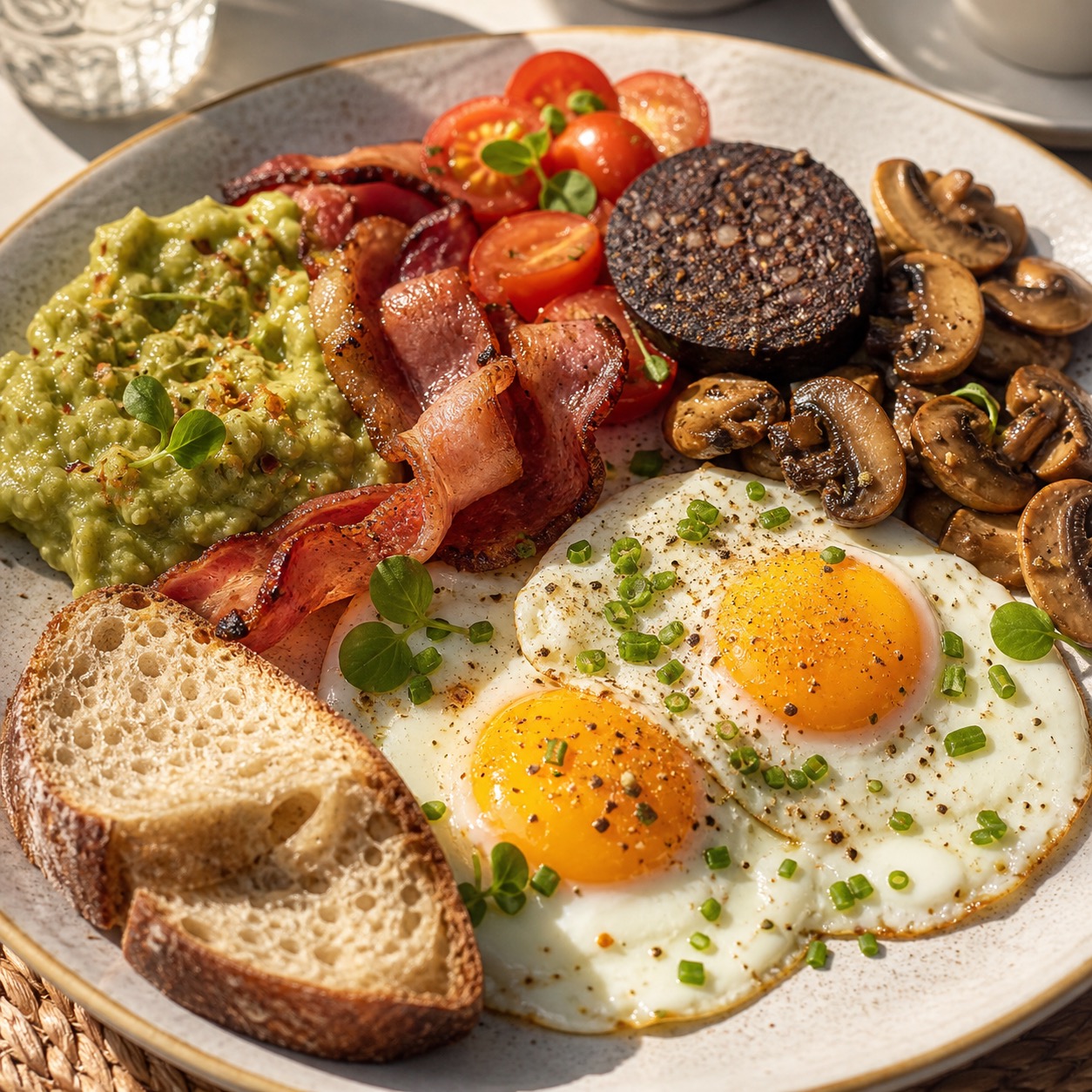 Brunch plate with eggs, avocado, tomato, mushrooms, and toasted bread.
