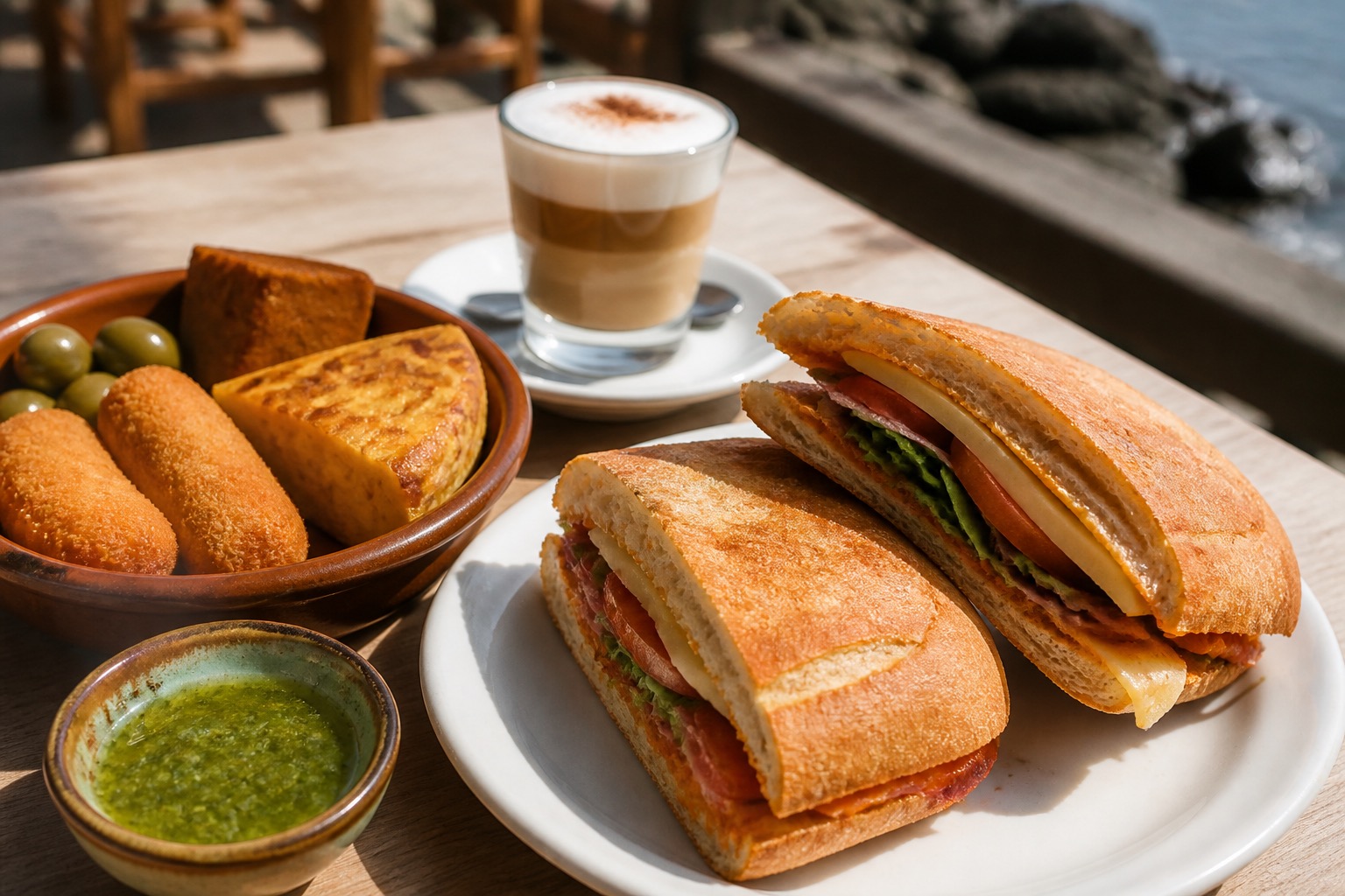 Toasted bocadillo, tortilla, croquetas, olives, mojo, and barraquito.