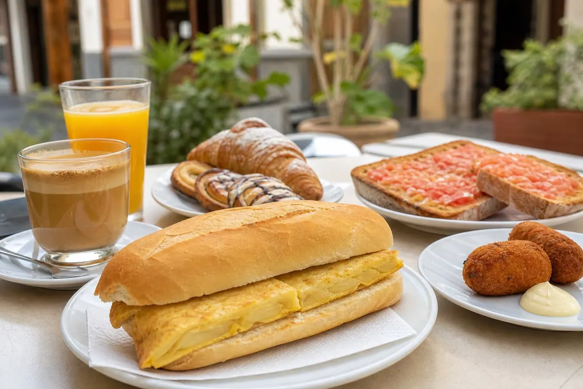 Tortilla bocadillo, pastries, coffee, fresh orange juice, croquettes, and tomato toast on a cafe table
