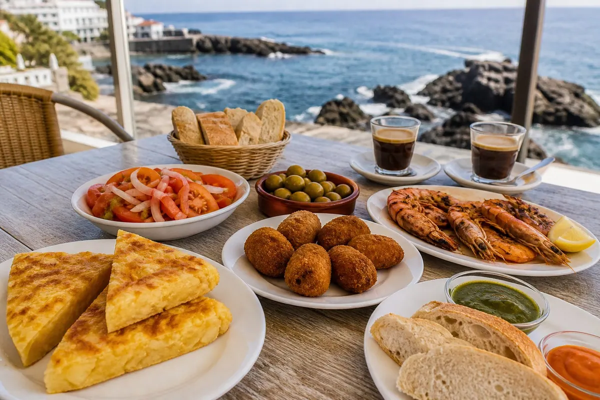 Tortilla wedges, croquettes, tomato salad, grilled prawns, bread, olives, and coffees on a bright terrace table
