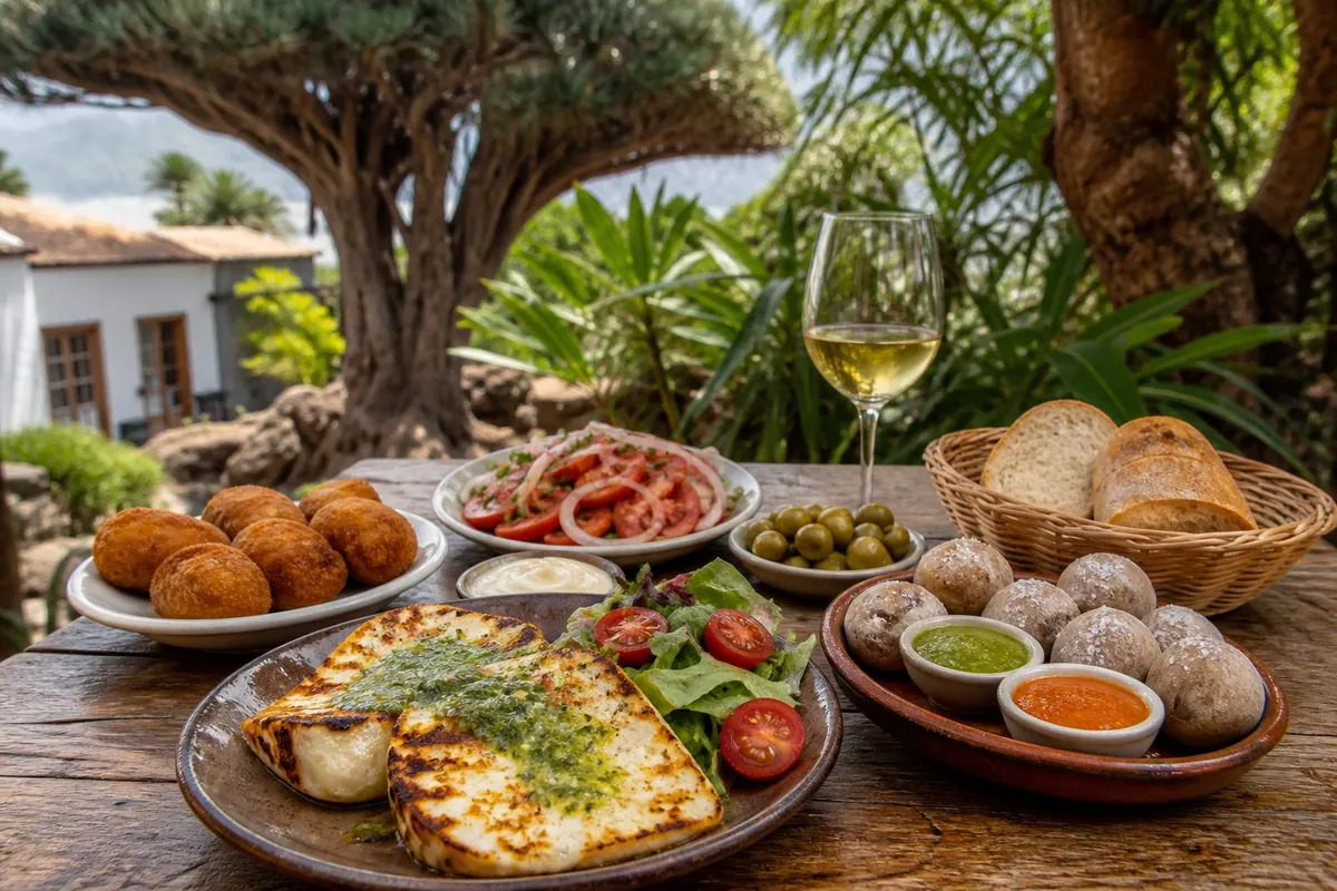 Grilled cheese with mojo, papas arrugadas, tomato salad, croquettes, bread, olives, and local wine on a garden table