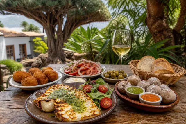 Grilled cheese with mojo, papas arrugadas, tomato salad, croquettes, bread, olives, and local wine on a garden table