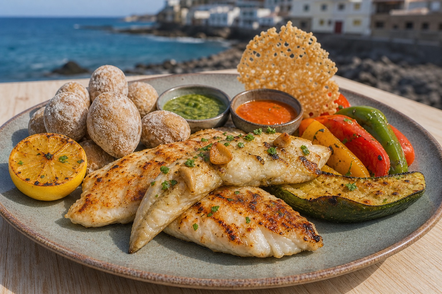 Creative Canarian seafood plate with grilled fish, vegetables, mojo, and crisp garnish.