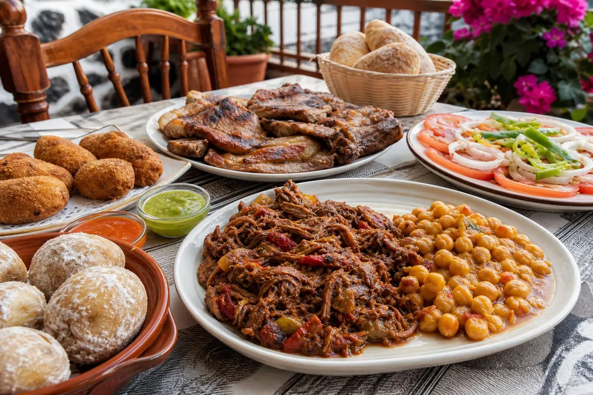 Ropa vieja, grilled pork, papas arrugadas with mojo, garbanzas, croquettes, and tomato salad on a homestyle table