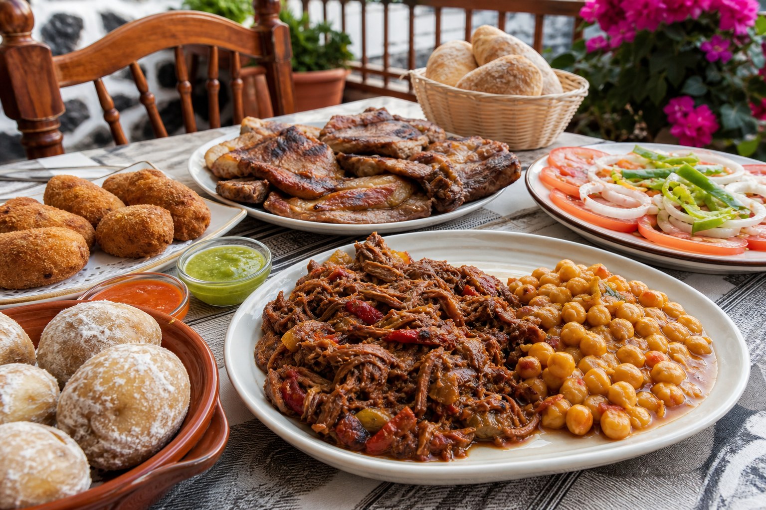 Ropa vieja, grilled pork, papas arrugadas with mojo, garbanzas, croquettes, and tomato salad on a homestyle table