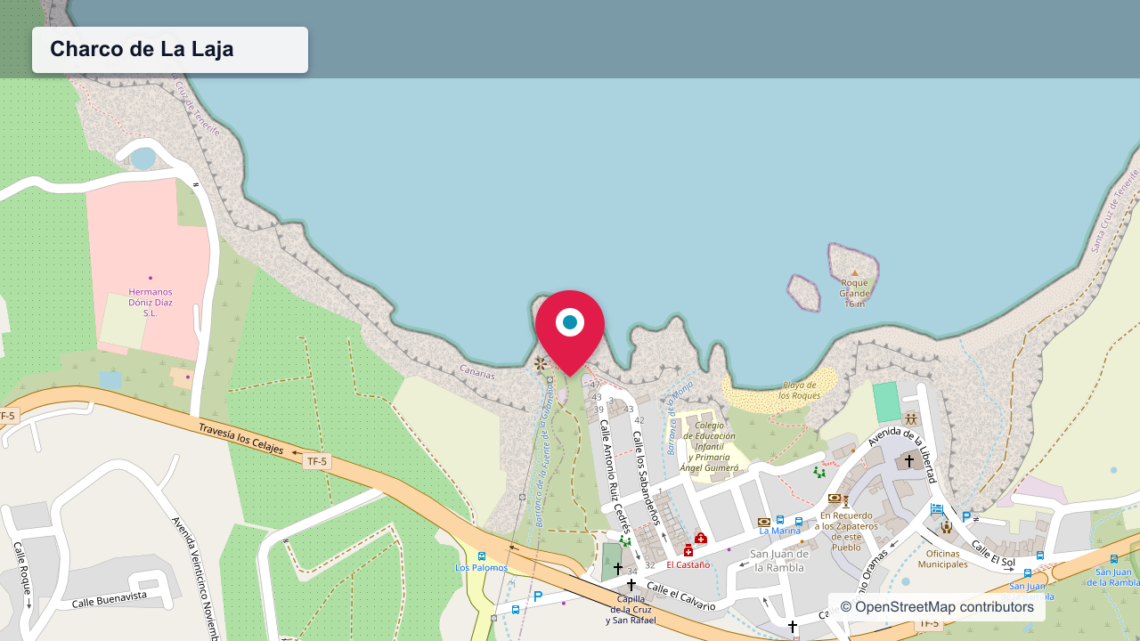 Map view centered on Charco de La Laja and the San Juan de la Rambla coastal access.