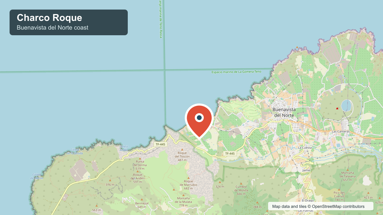 Map view centered on Charco Roque and the Buenavista del Norte coast.