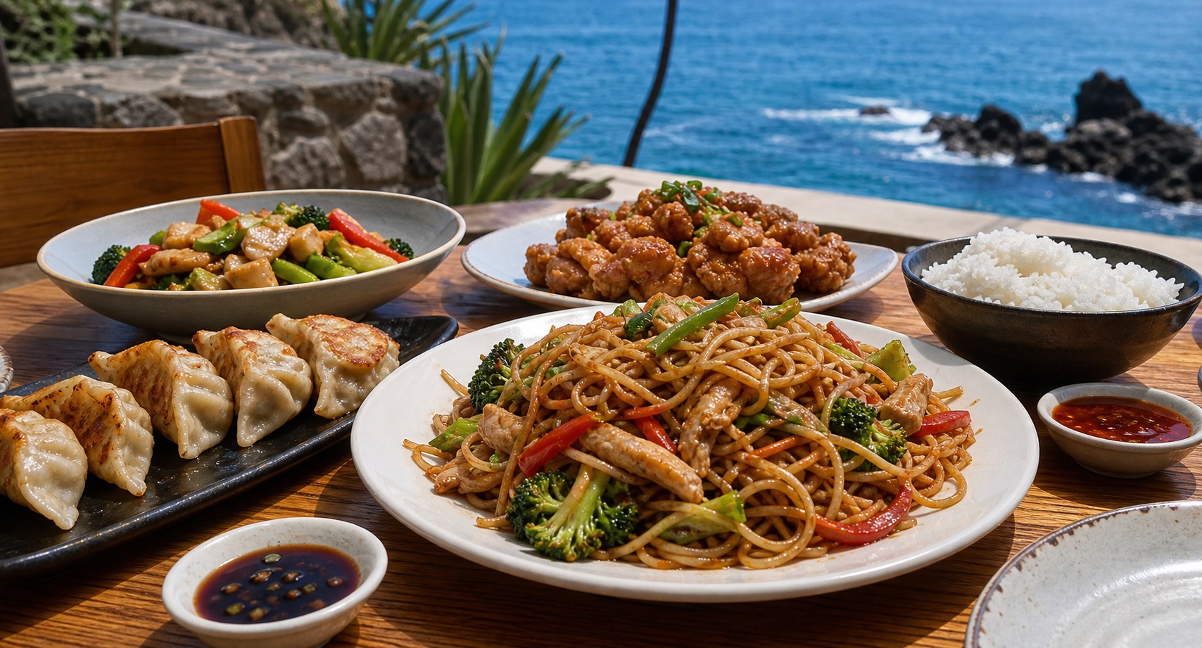 Stir-fried noodles, dumplings, crispy chicken, rice, and dipping sauces on a sunny coastal table.