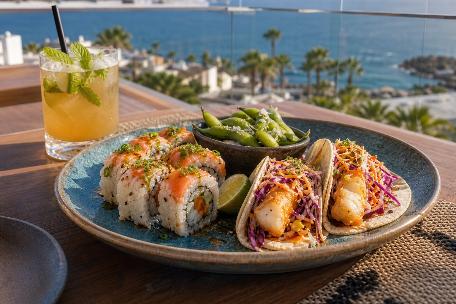 Sushi rolls, two fish tacos with slaw and lime, edamame, and a chilled drink on a sunlit terrace table.
