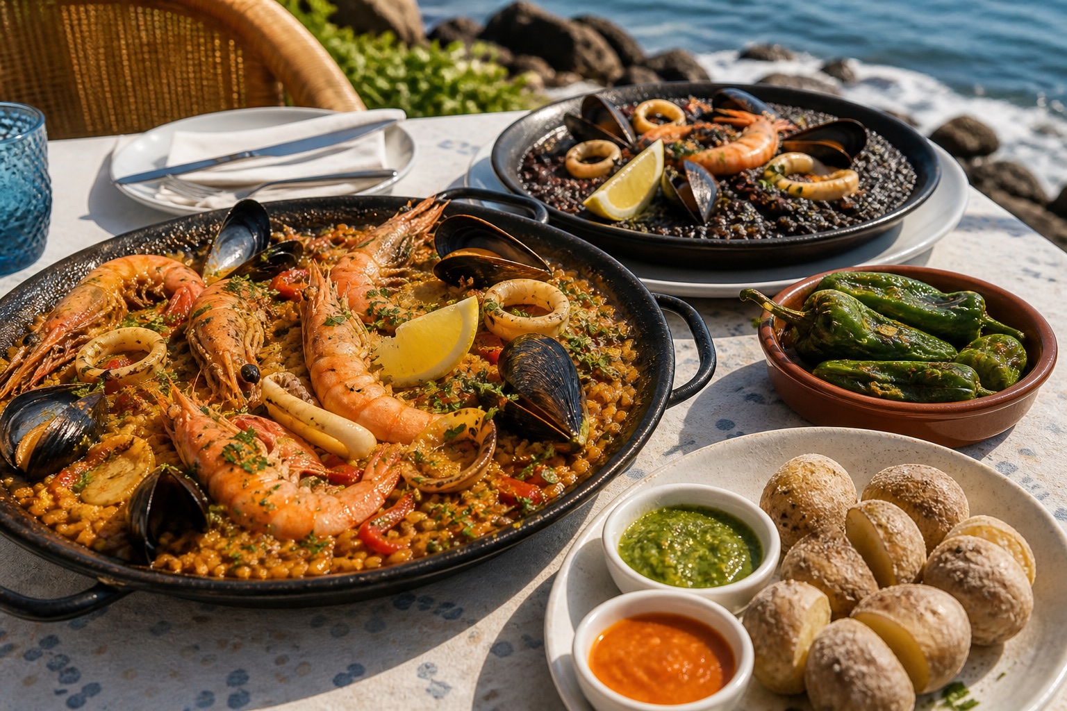 Seafood paella, black rice, prawns, mussels, squid, padrón peppers, papas arrugadas, and mojo sauces.