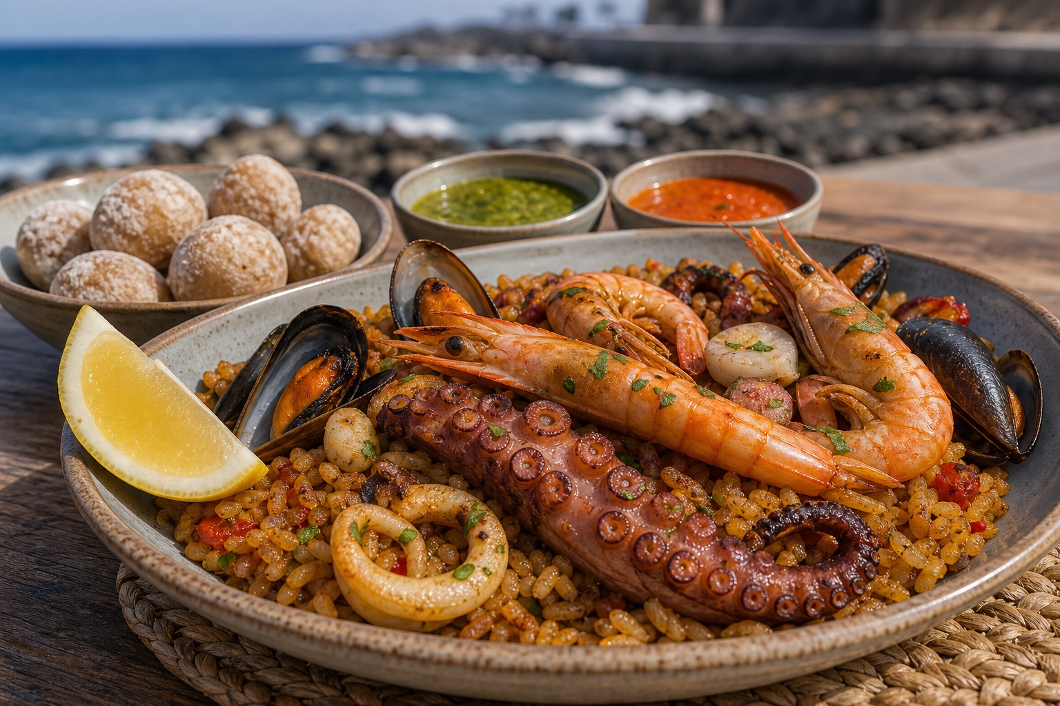 Seafood rice with prawns, squid, lemon, and papas arrugadas on a coastal table.