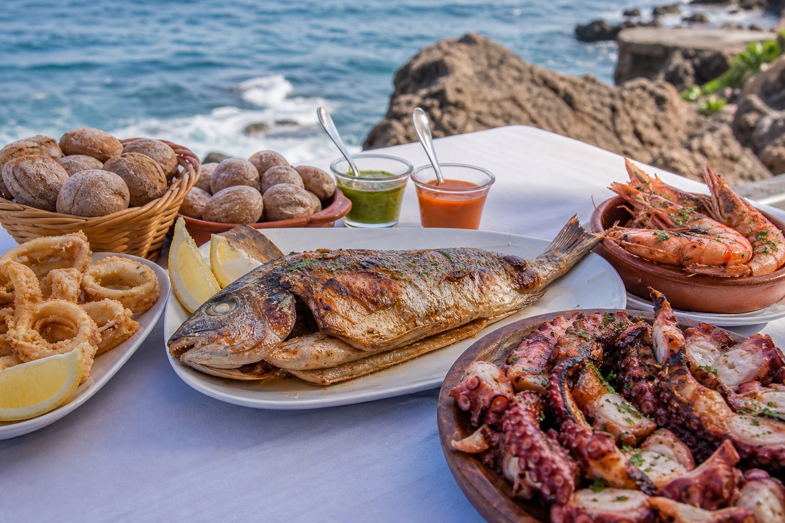 Grilled fish, octopus, prawns, fried calamari, papas arrugadas, mojo, and lemon on a seaside table