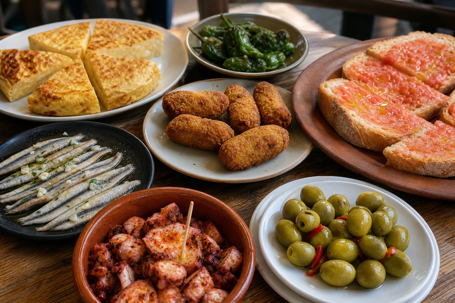 Croquetas, tortilla, anchovies, pan con tomate, olives, peppers, and octopus tapa.