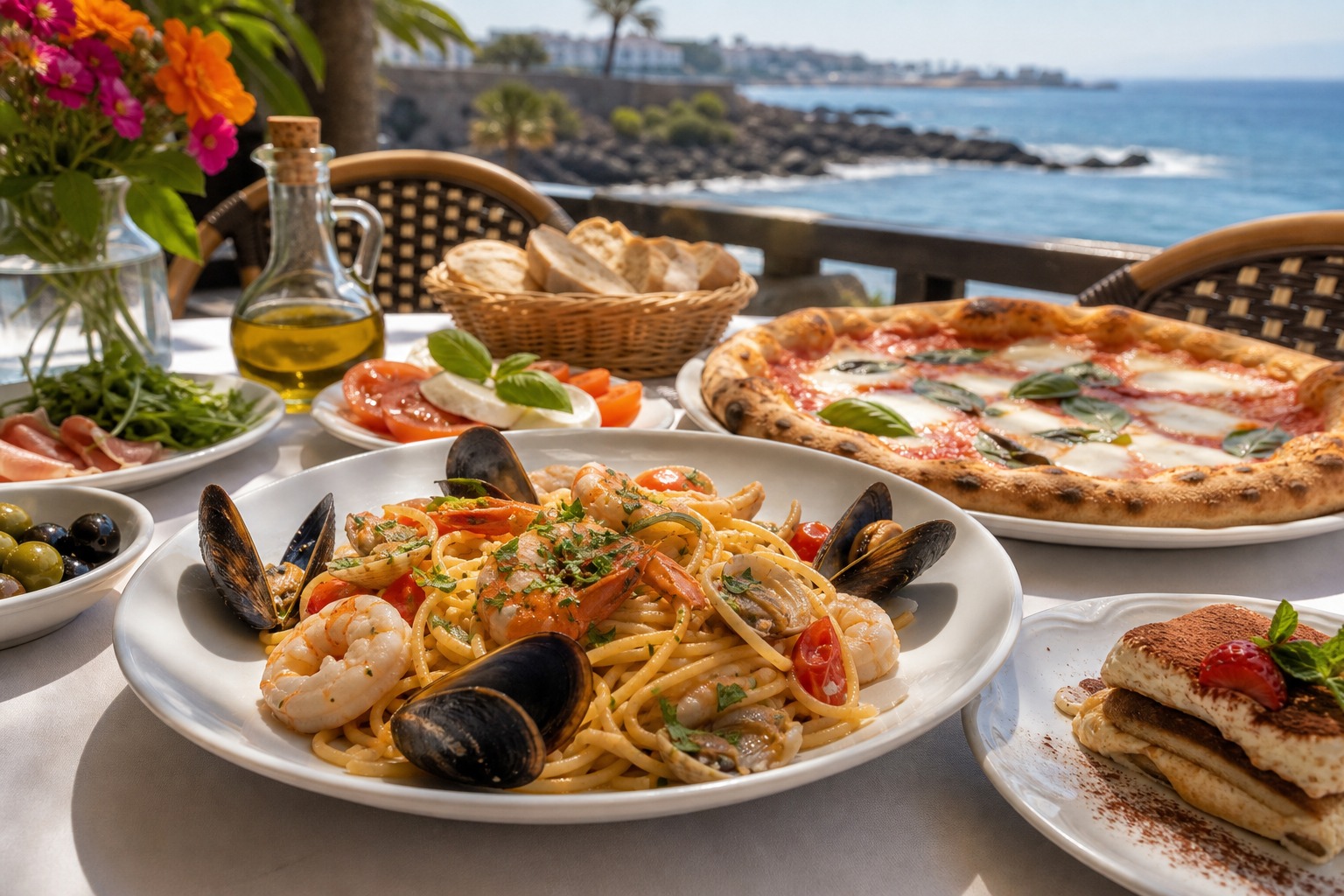 Seafood pasta, pizza, antipasti, and dessert on a sunny coastal terrace table