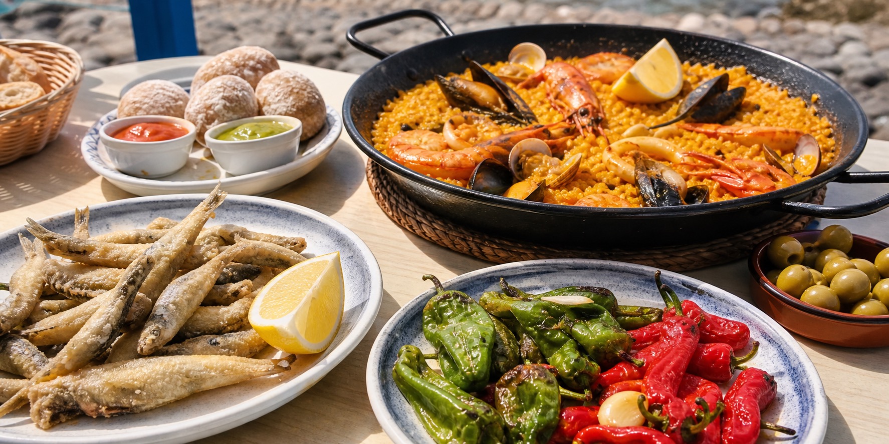 Seafood rice, fried small fish, papas arrugadas, grilled peppers, olives, and mojo on a sunny table.