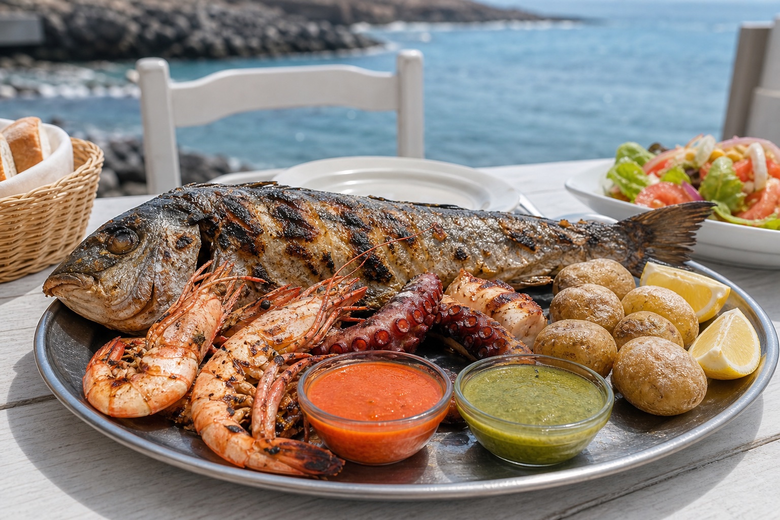 Grilled seafood platter with fish, prawns, octopus, papas arrugadas, and mojo sauces beside the sea.