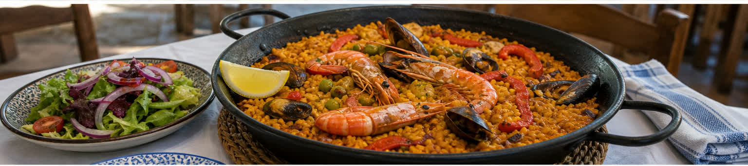 Seafood rice with prawns, mussels, lemon, peppers, and a small salad on a warm restaurant table.