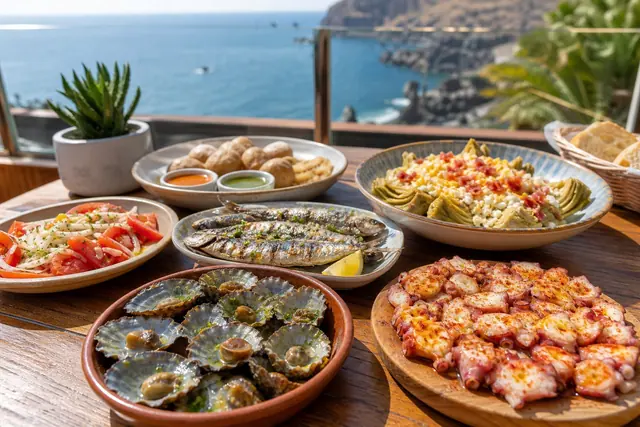 Coastal tapas with lapas, sardines, octopus, tomato salad, artichokes, and mojo on a sunny terrace table
