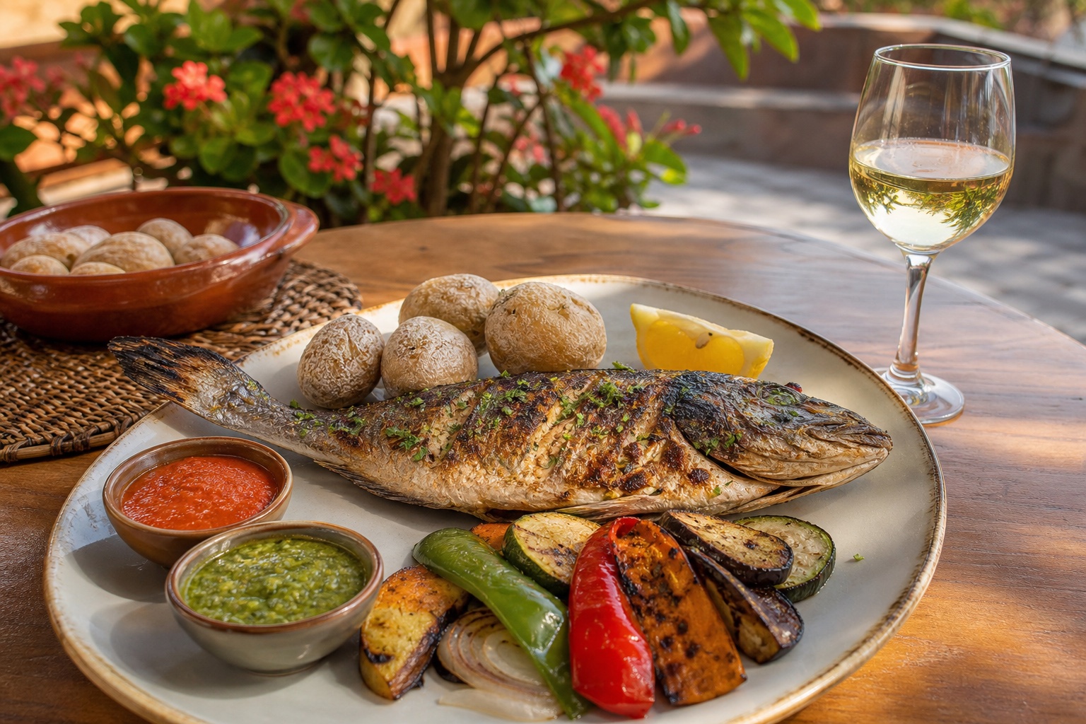 Grilled local fish with papas arrugadas, mojo sauces, vegetables, and white wine on a sunny terrace table.