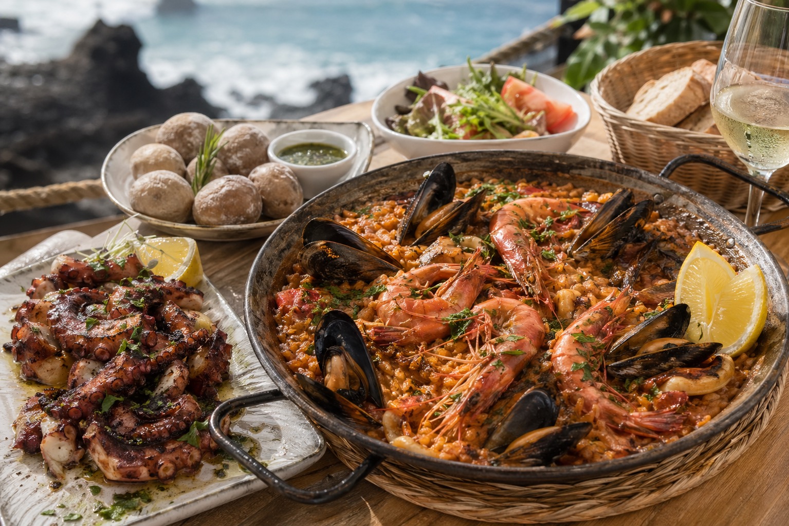 Seafood rice and grilled octopus with prawns, mussels, lemon, and papas arrugadas.