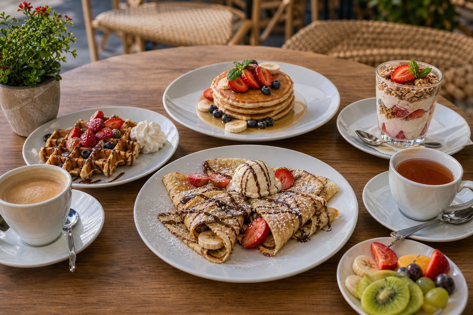 Crepes, waffles, pancakes, fruit, coffee, and tea on a sunny cafe table