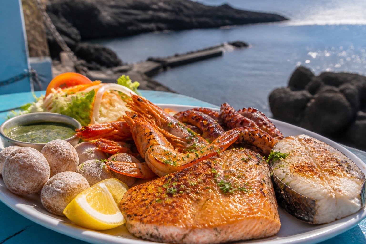Grilled fish, prawns, octopus, papas arrugadas, mojo, and lemon.