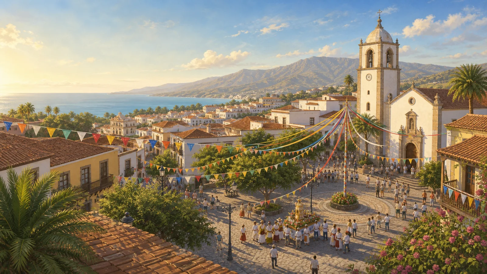Illustrative PlayaGo event scene for Corpus Christi in La Laguna; not exact staging or live conditions.