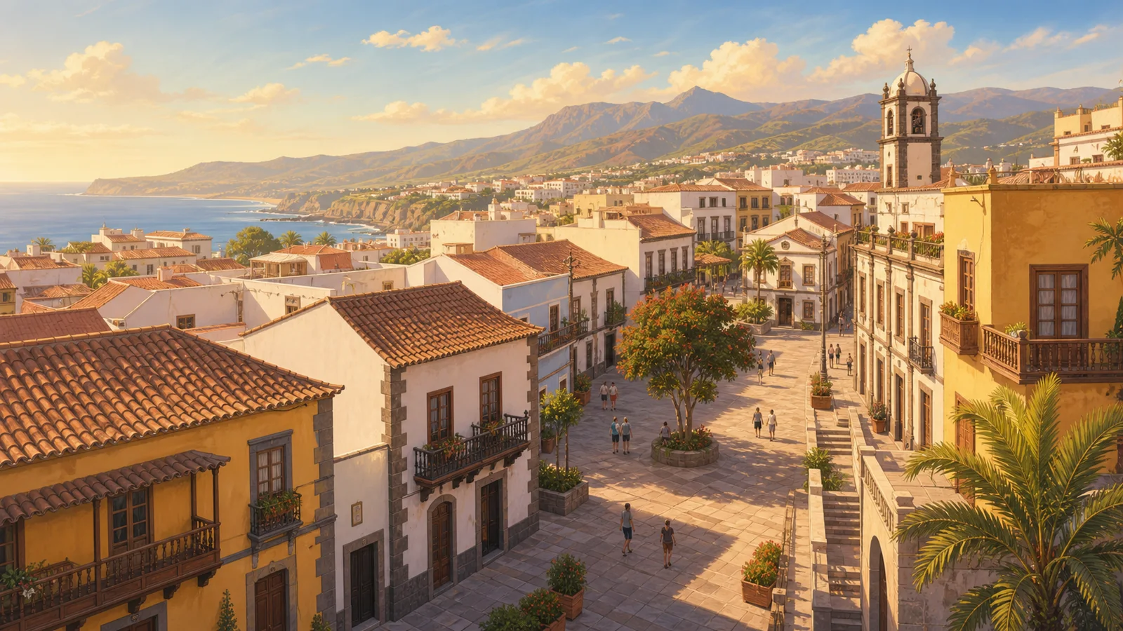 Illustrative PlayaGo experience scene for Guia de Isora historic center; not an exact route or safety condition image.