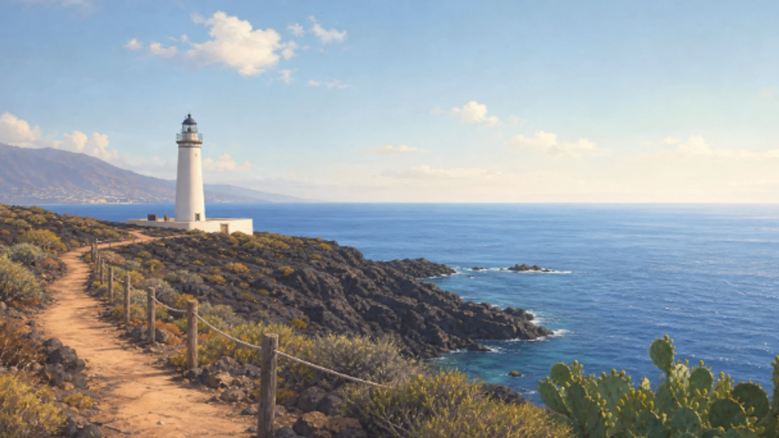 Illustrative PlayaGo experience scene for Punta de Abona lighthouse view; not an exact route or safety condition image.