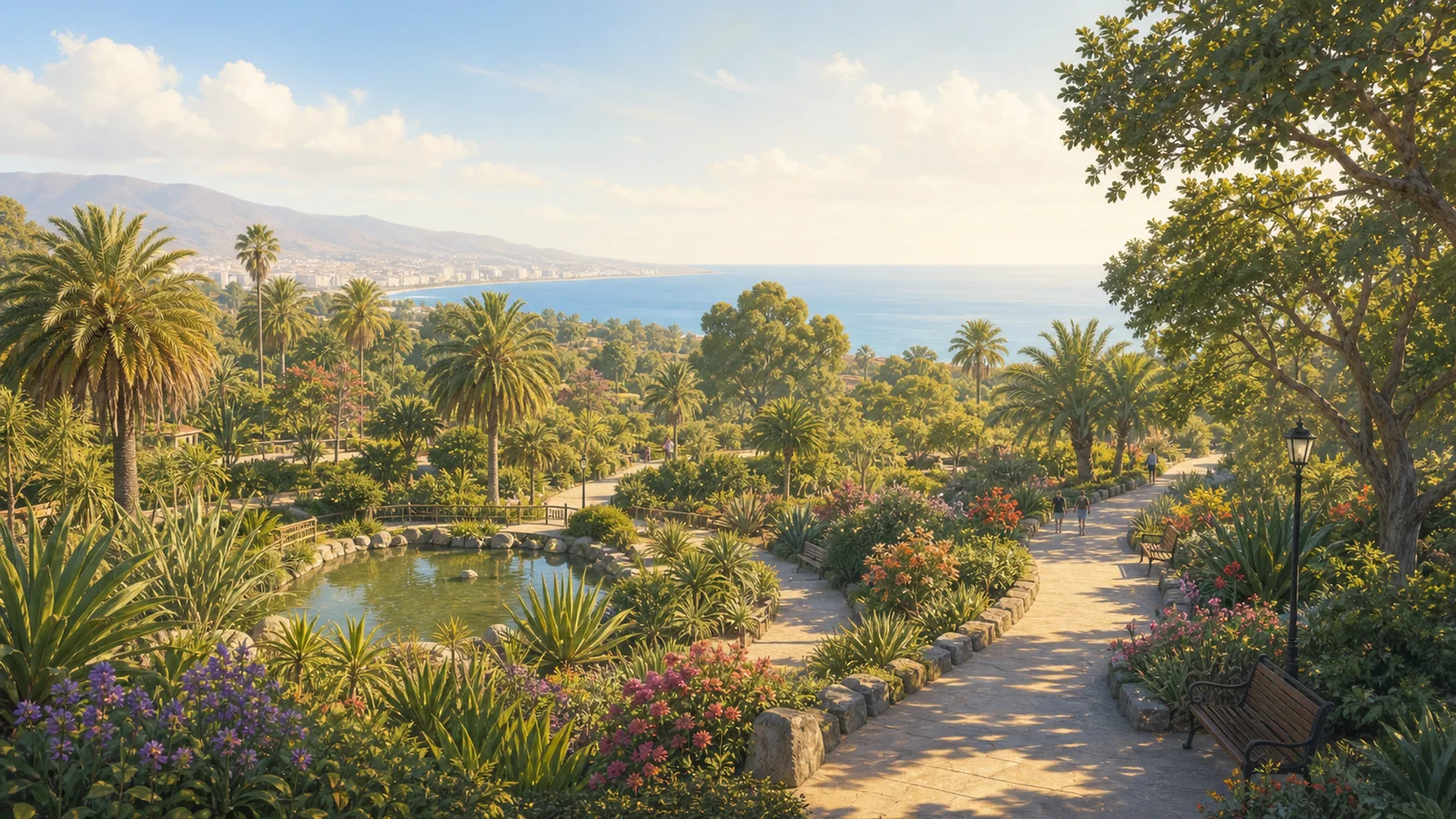 Illustrative PlayaGo experience scene for Parque de la Granja; not an exact route or safety condition image.