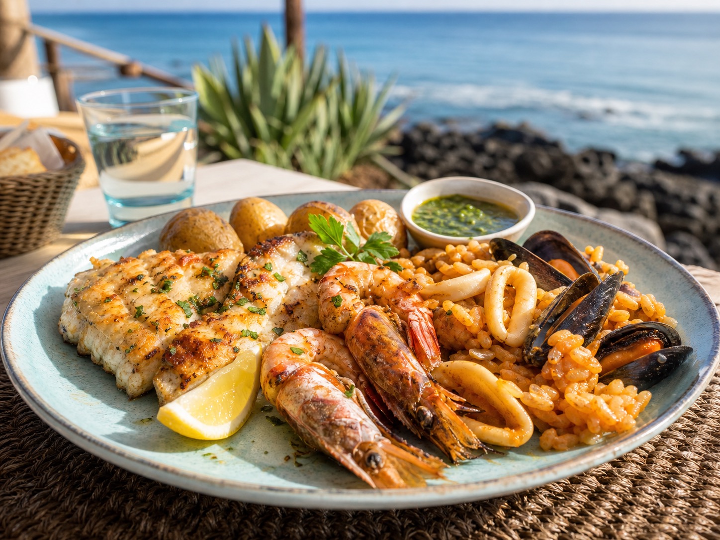 Grilled fish, prawns, seafood rice, potatoes, lemon, and mojo on a sunny coastal table.