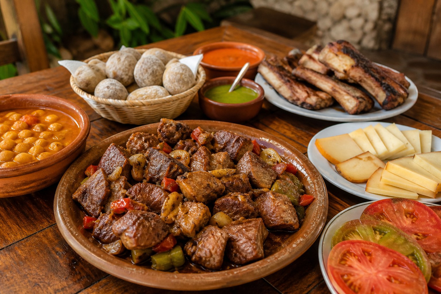 Carne fiesta, grilled ribs, papas arrugadas, mojo, garbanzas stew, local cheese, and tomatoes on a rustic table