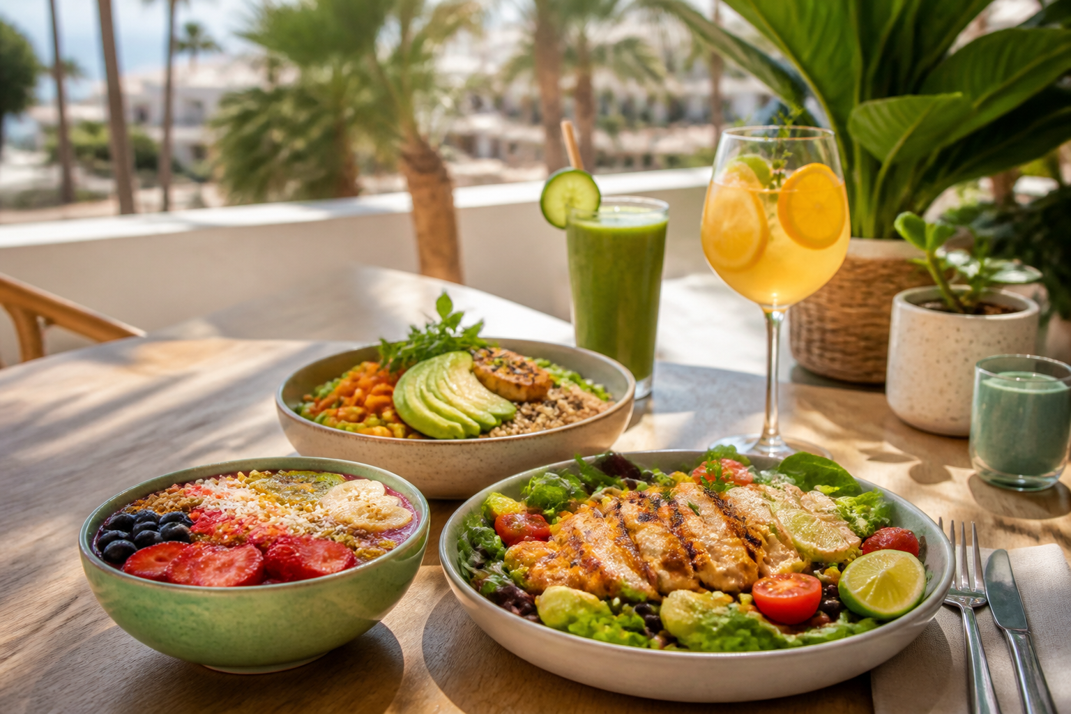 Representative Flo’s Tenerife spread with lime chicken salad, protein bowl, açaí bowl, green smoothie and citrus cocktail