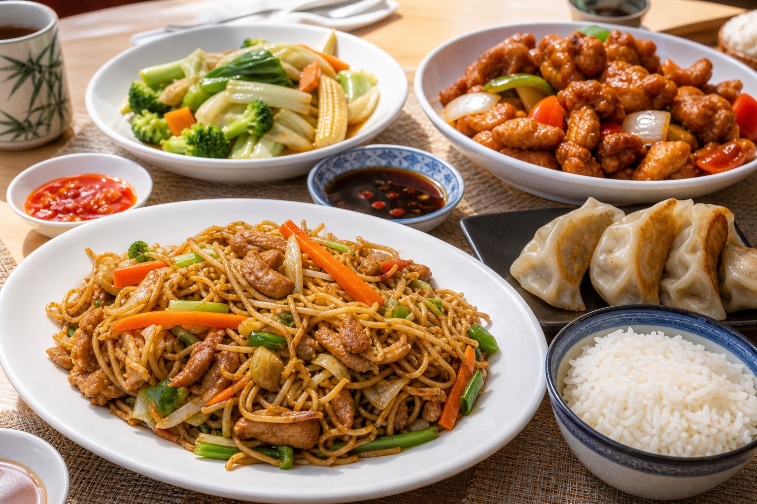 Chinese noodles, dumplings, crispy chicken, rice, and dipping sauces on a sunny table