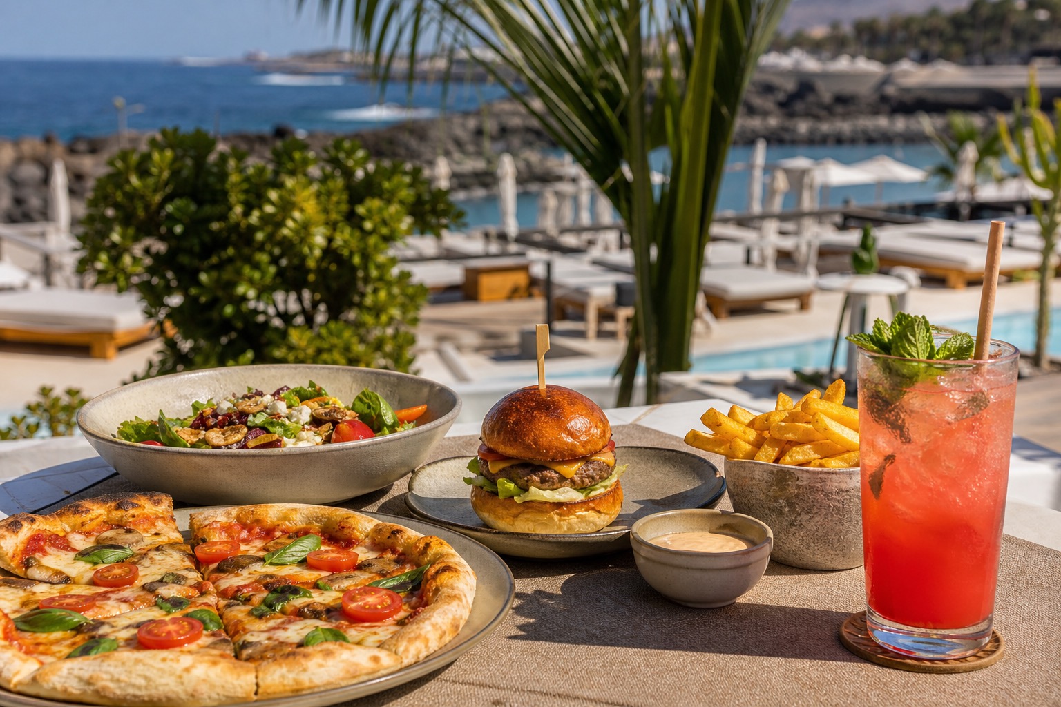 Pizza, burger, fries, salad, and a fruit drink by a sunny beach-club pool.