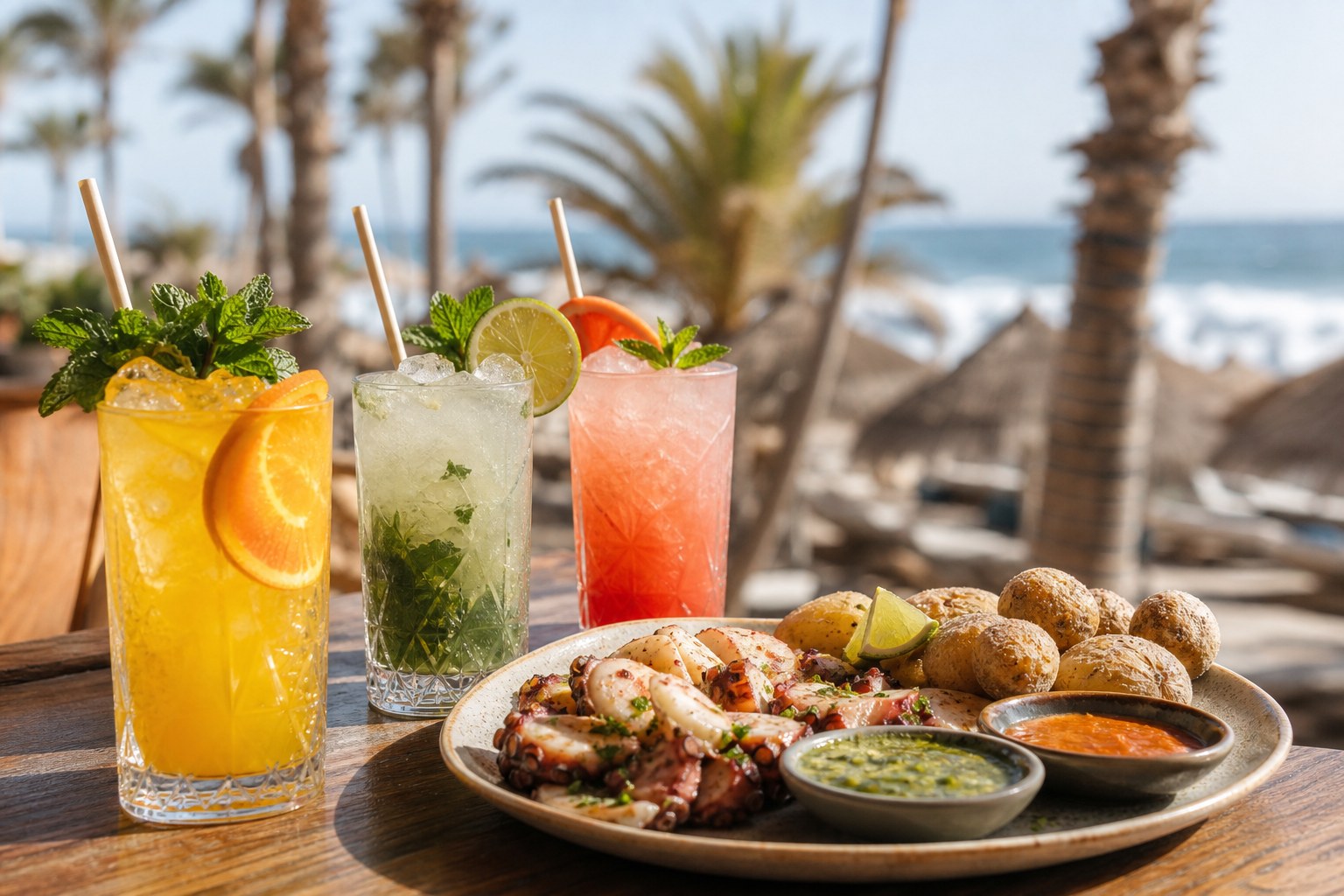Citrus cocktails with mint beside seafood bites, papas arrugadas, mojo sauces, and lime on a sunny beach-club table.