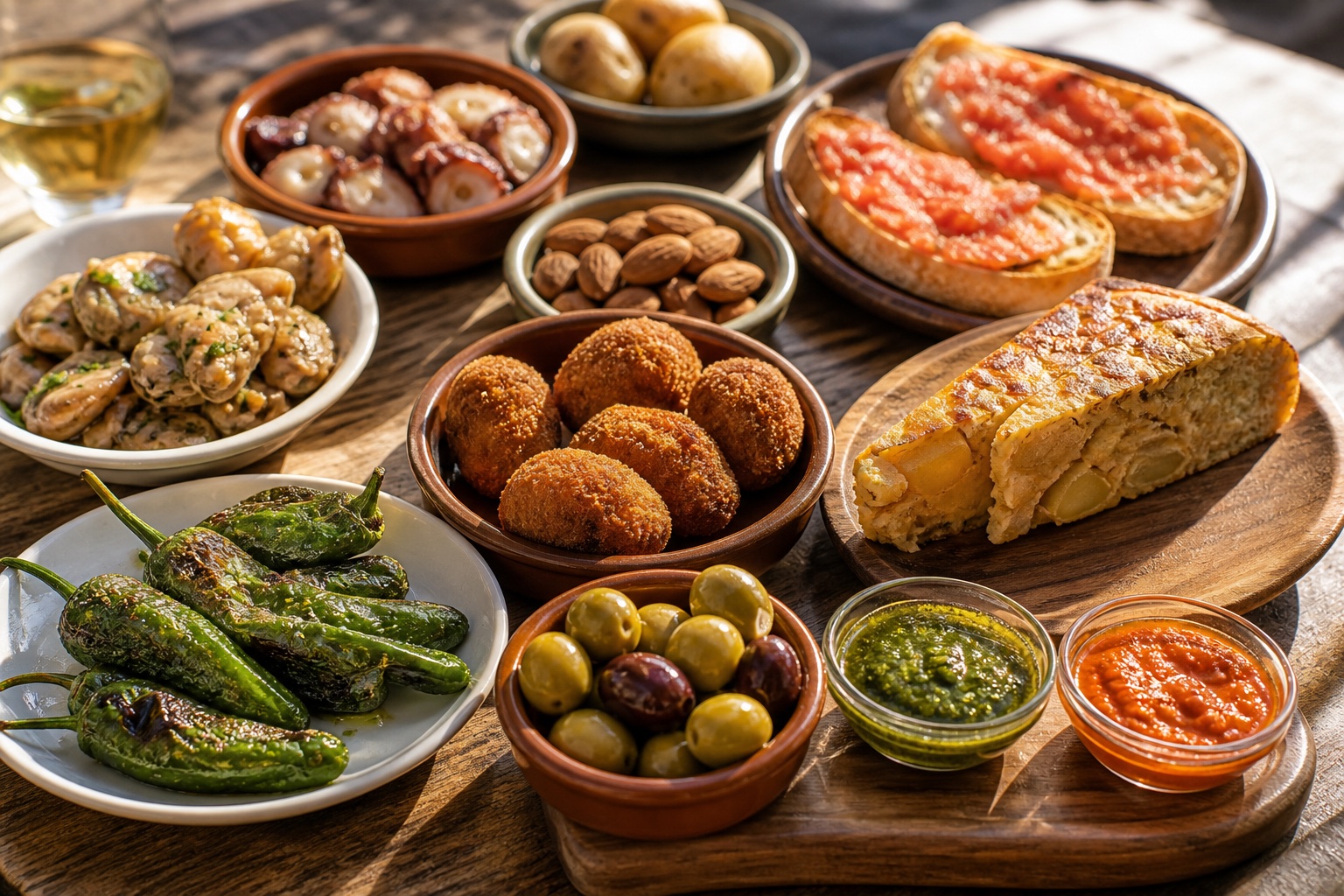 Spanish and Canarian tapas with croquetas, tortilla, peppers, olives, octopus, and mojo sauces.